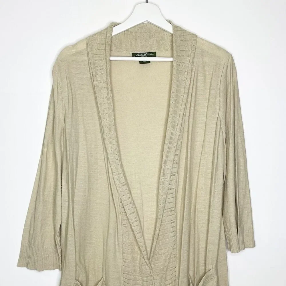 Eddie Bauer Open Front Tan Lightweight Cardigan Sweater Cotton Womens Size Large